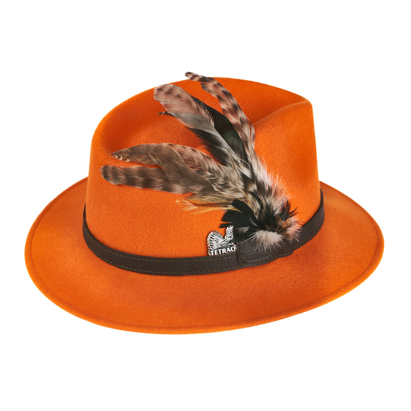 Damski kapelusz myśliwski TETRAO – pomarańczowy ze skórzanym paskiem i piórkami