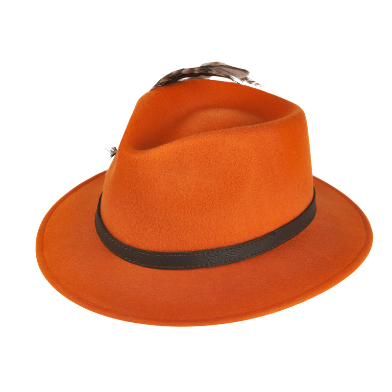 Damski kapelusz myśliwski TETRAO – pomarańczowy ze skórzanym paskiem i piórkami 1