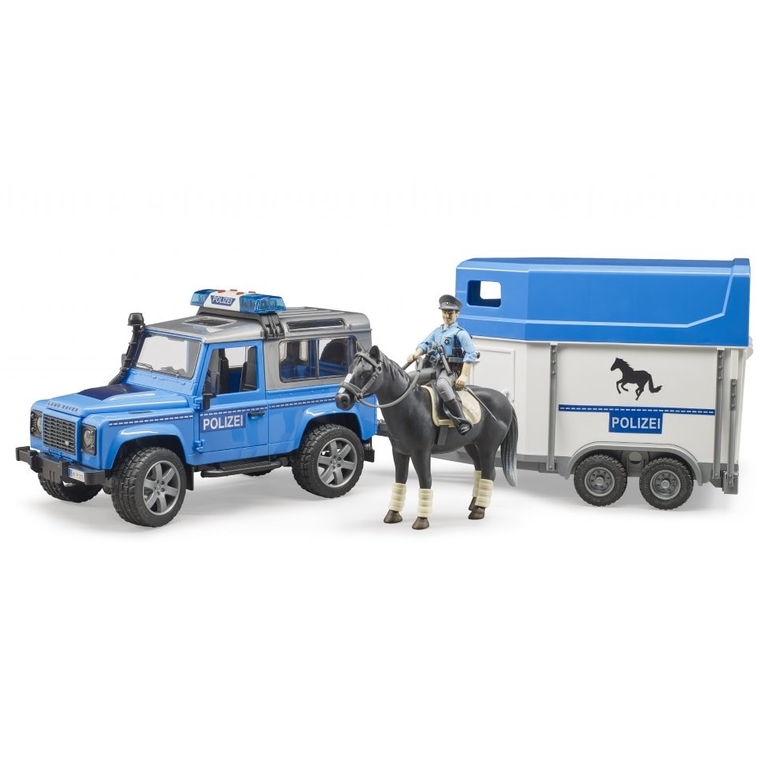 Policyjne auto Land Rover z przyczepką, koniem i figurką policjanta BRUDER