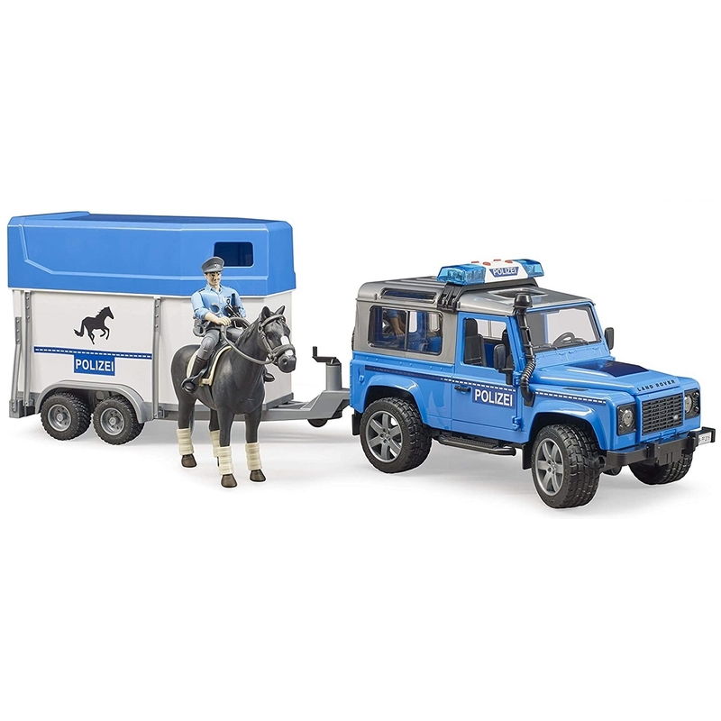 Policyjne auto Land Rover z przyczepką, koniem i figurką policjanta BRUDER 1