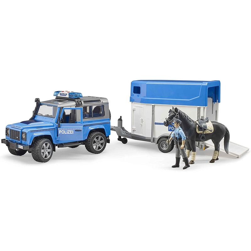 Policyjne auto Land Rover z przyczepką, koniem i figurką policjanta BRUDER 2