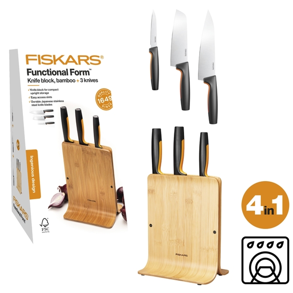 Bambusowy blok z 3 nożami FISKARS Functional Form 5