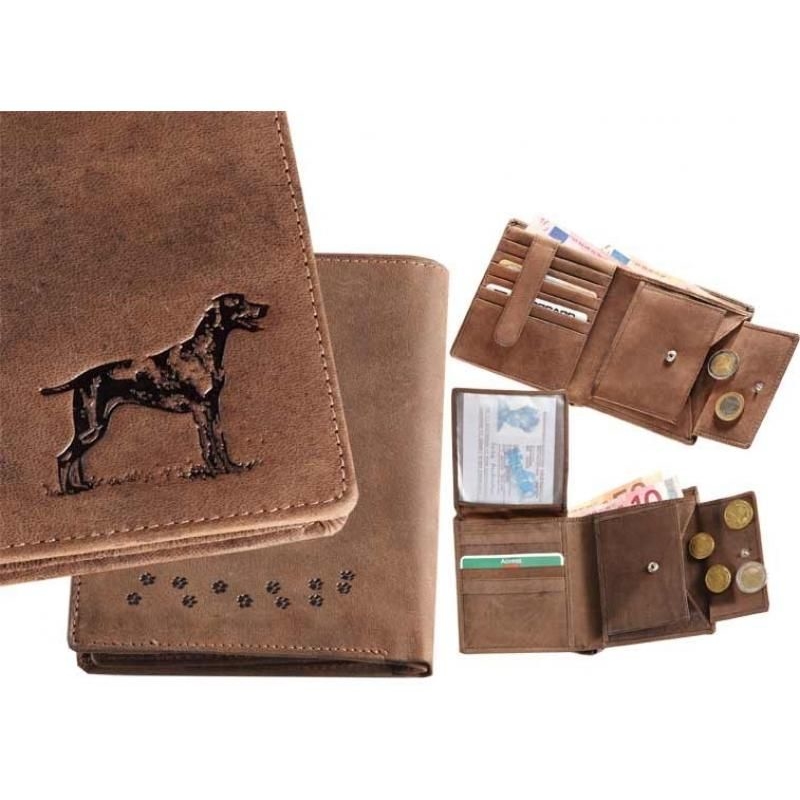 Skórzany portfel pionowy z motywem psa myśliwskiego